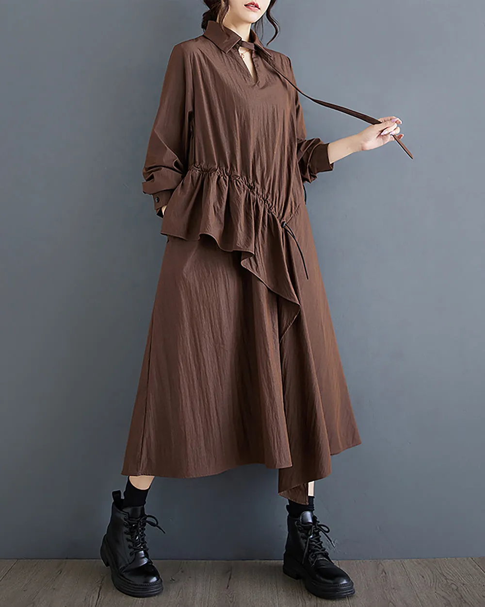 ellazhu Women's Dress Long Sleeve V-Neck Lapel Solid Flowy Hem Patchwork Drawstring Loose Oversize GZ287