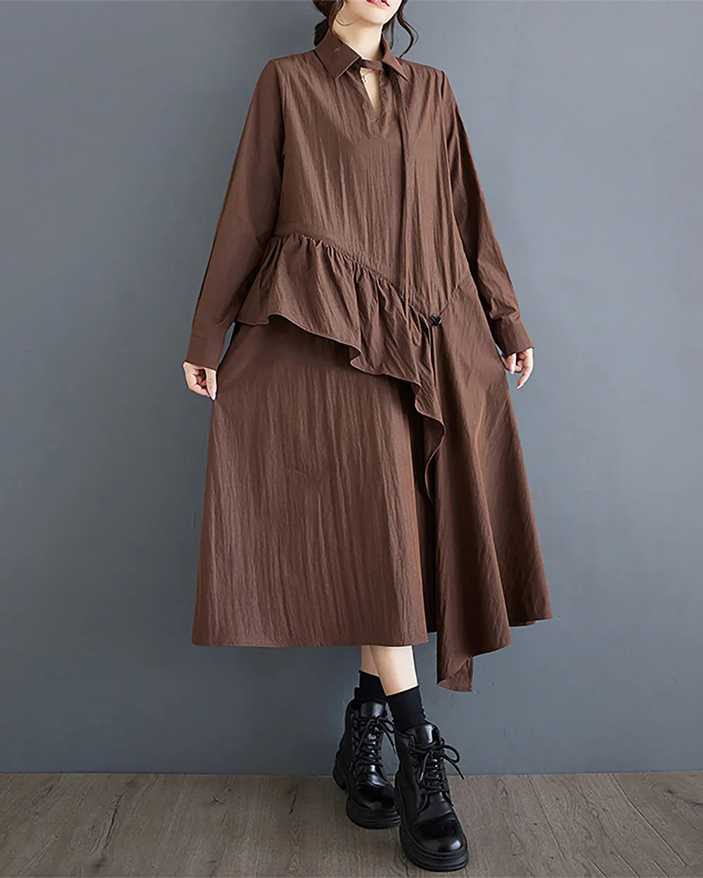 ellazhu Women's Dress Long Sleeve V-Neck Lapel Solid Flowy Hem Patchwork Drawstring Loose Oversize GZ287