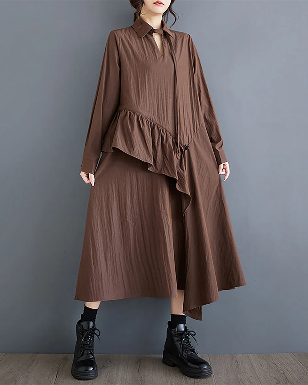 ellazhu Women's Dress Long Sleeve V-Neck Lapel Solid Flowy Hem Patchwork Drawstring Loose Oversize GZ287