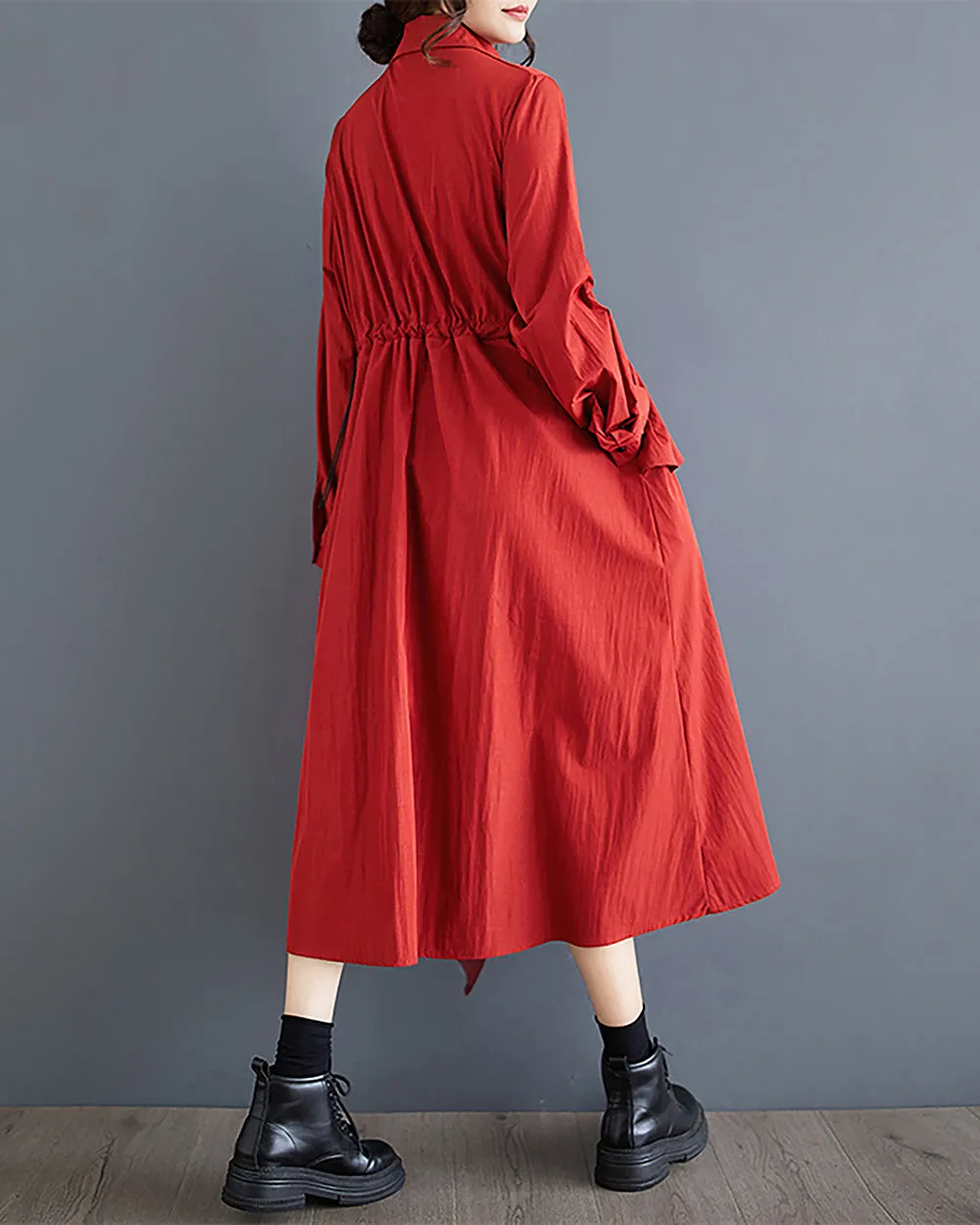 ellazhu Women's Dress Long Sleeve V-Neck Lapel Solid Flowy Hem Patchwork Drawstring Loose Oversize GZ287