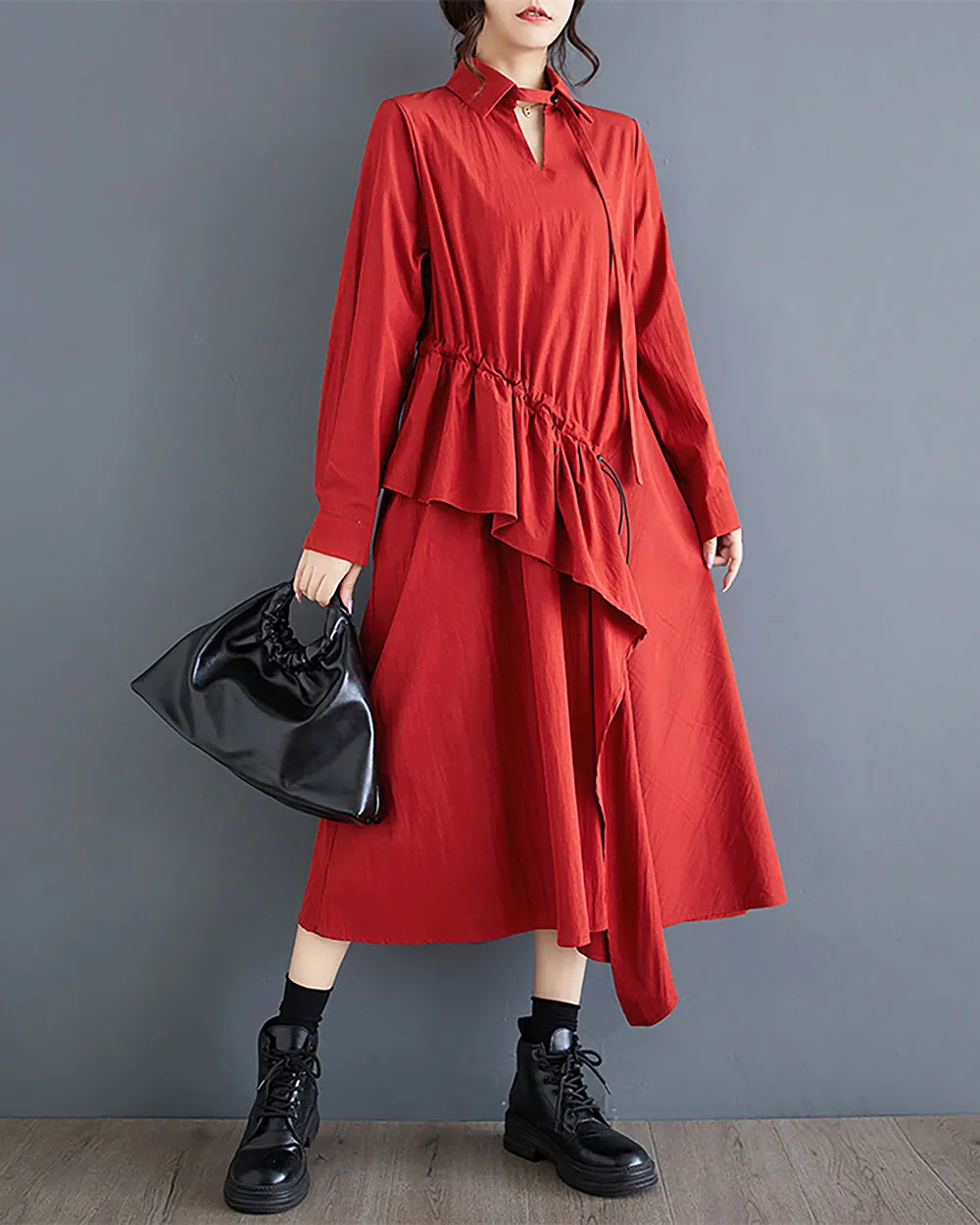 ellazhu Women's Dress Long Sleeve V-Neck Lapel Solid Flowy Hem Patchwork Drawstring Loose Oversize GZ287