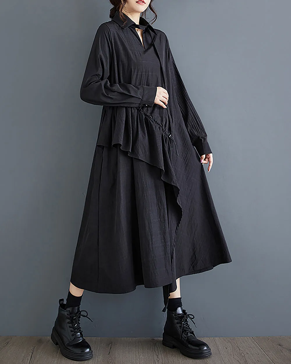 ellazhu Women's Dress Long Sleeve V-Neck Lapel Solid Flowy Hem Patchwork Drawstring Loose Oversize GZ287