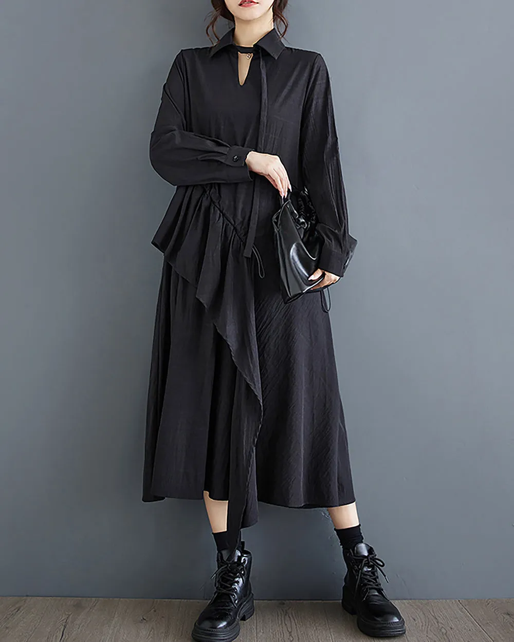 ellazhu Women's Dress Long Sleeve V-Neck Lapel Solid Flowy Hem Patchwork Drawstring Loose Oversize GZ287
