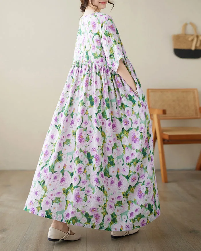 ellazhu Women's Dress Short Sleeve Oversize Loose Crewneck Green Purple Floral Print Maxi GA2751
