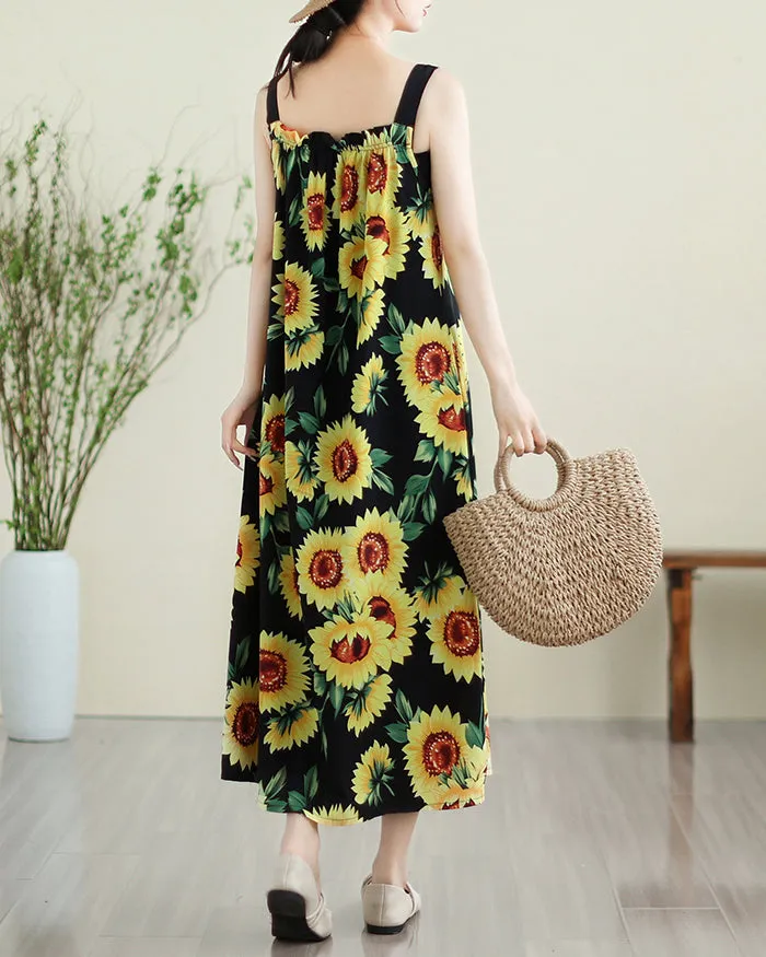ellazhu Women's Dress Sleeveless Tank Black Strap Oversize Loose Flowy Hem Floral Print Summer GA2753
