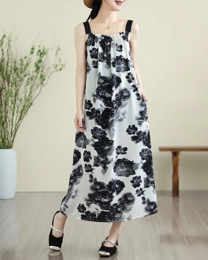 ellazhu Women's Dress Sleeveless Tank Black Strap Oversize Loose Flowy Hem Floral Print Summer GA2753