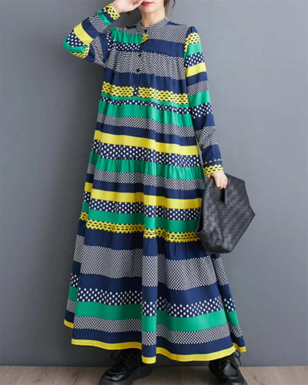ellazhu Women's Multicolor Patchwork Maxi Long Dress with Baggy Hem GZ25