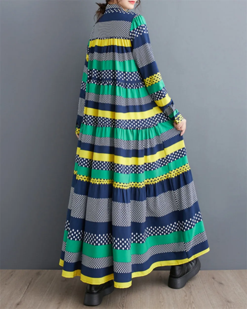 ellazhu Women's Multicolor Patchwork Maxi Long Dress with Baggy Hem GZ25