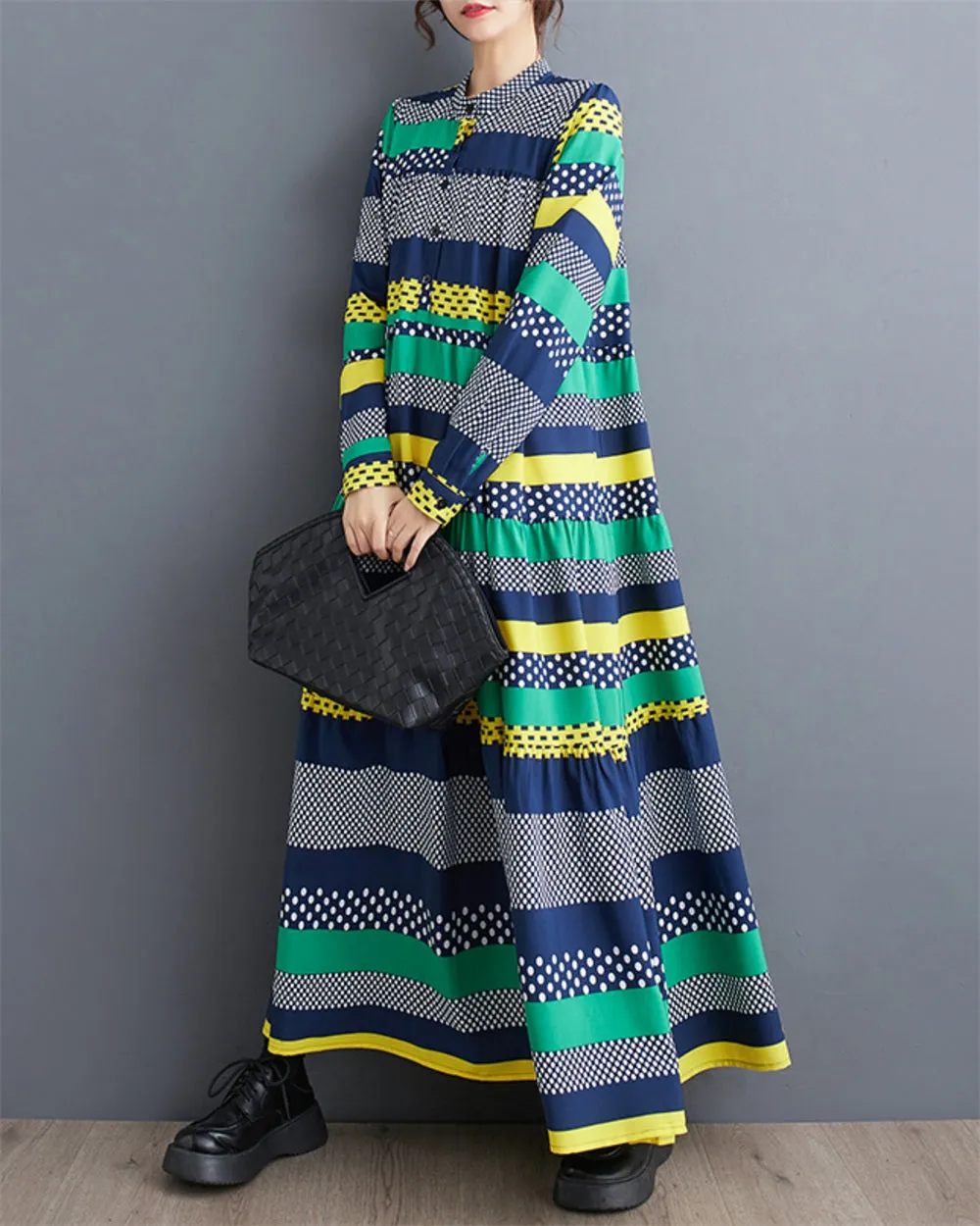 ellazhu Women's Multicolor Patchwork Maxi Long Dress with Baggy Hem GZ25