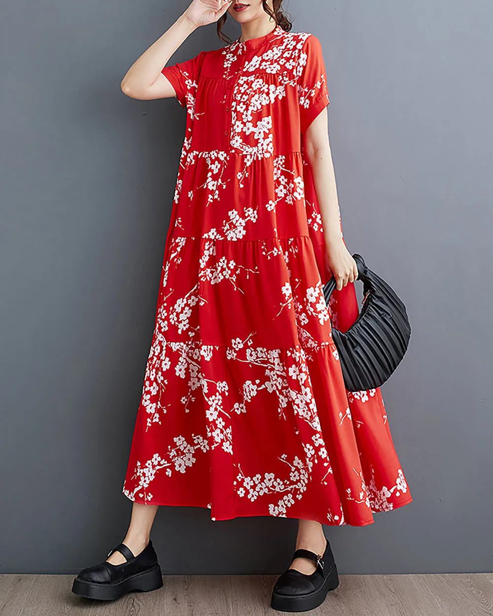 ellazhu Women's Shirt Dress Button Down Short Sleeve Mock Neck Loose Oversize Floral Red GZ231