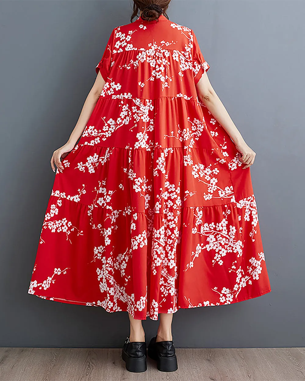 ellazhu Women's Shirt Dress Button Down Short Sleeve Mock Neck Loose Oversize Floral Red GZ231