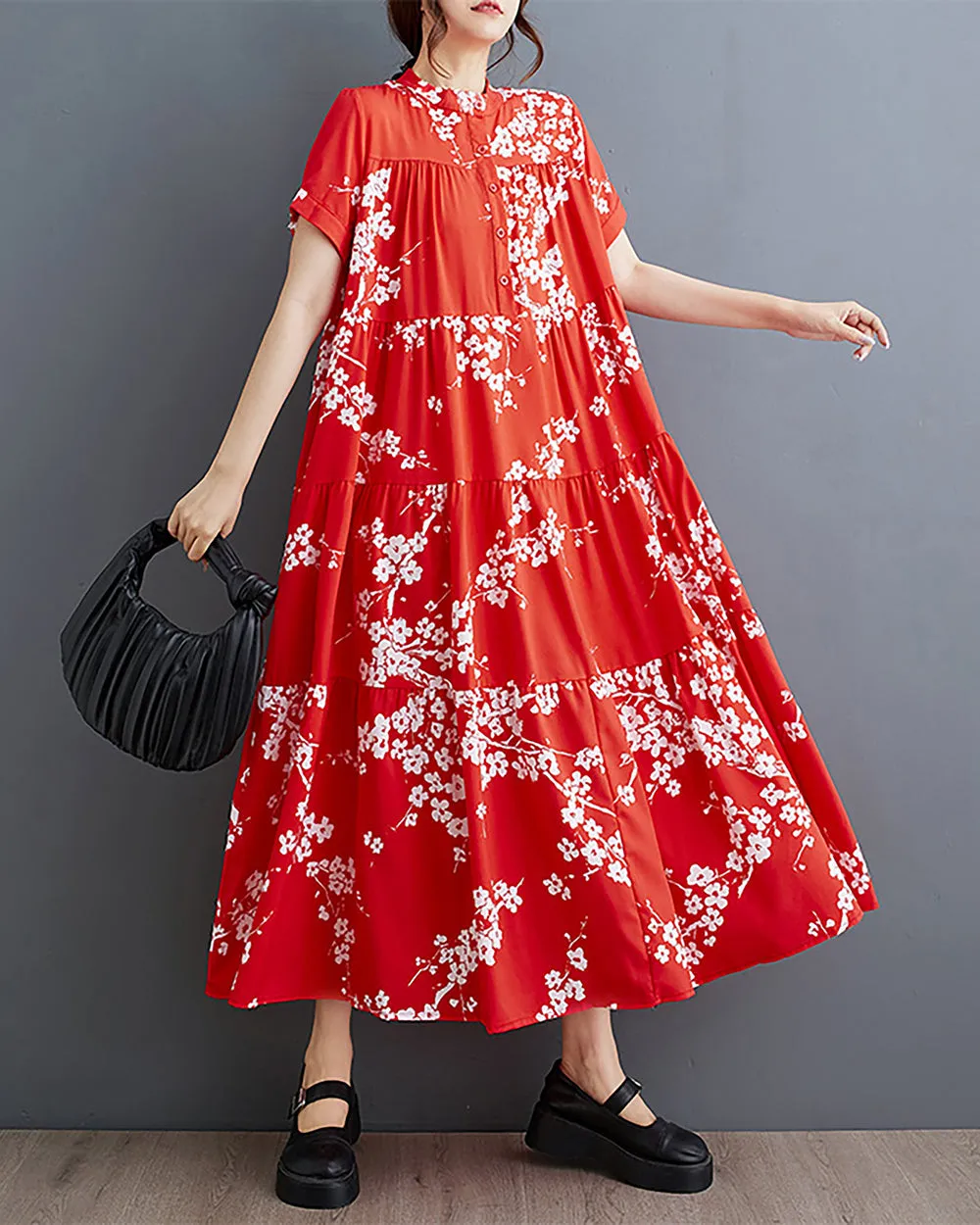 ellazhu Women's Shirt Dress Button Down Short Sleeve Mock Neck Loose Oversize Floral Red GZ231