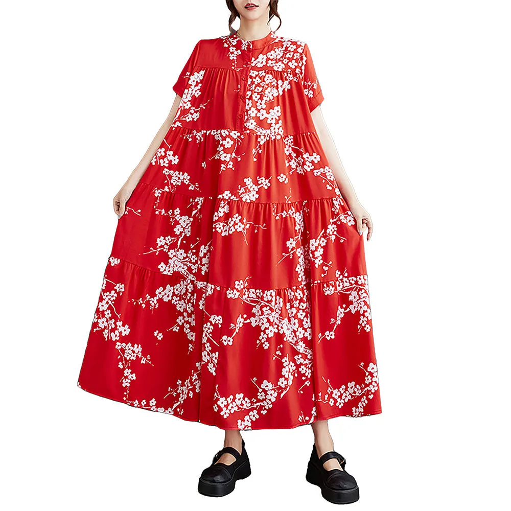 ellazhu Women's Shirt Dress Button Down Short Sleeve Mock Neck Loose Oversize Floral Red GZ231