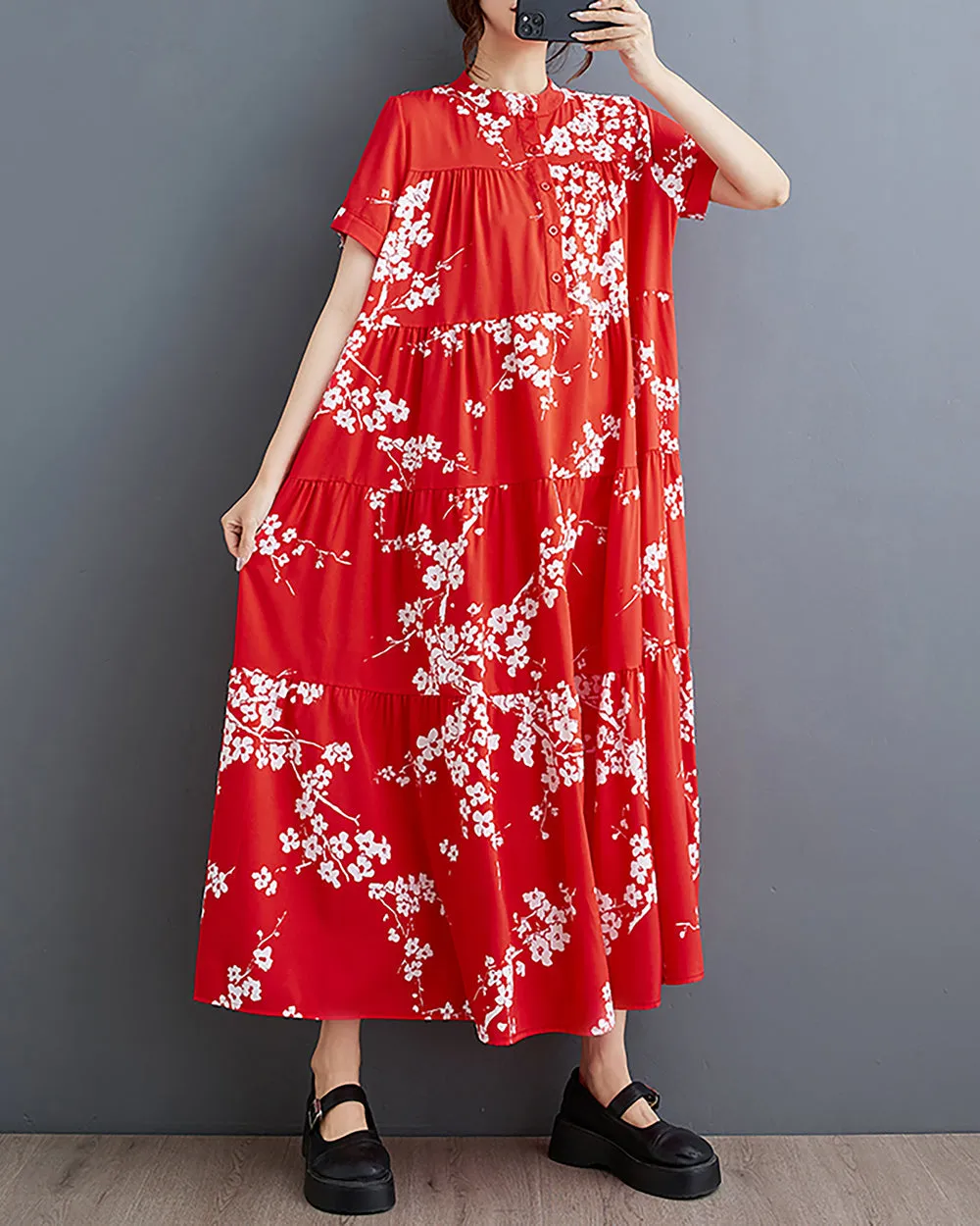 ellazhu Women's Shirt Dress Button Down Short Sleeve Mock Neck Loose Oversize Floral Red GZ231