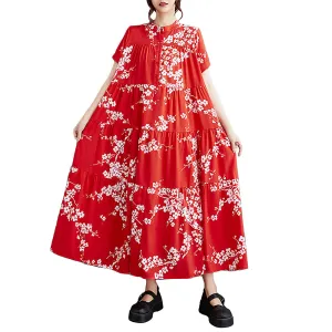 ellazhu Women's Shirt Dress Button Down Short Sleeve Mock Neck Loose Oversize Floral Red GZ231