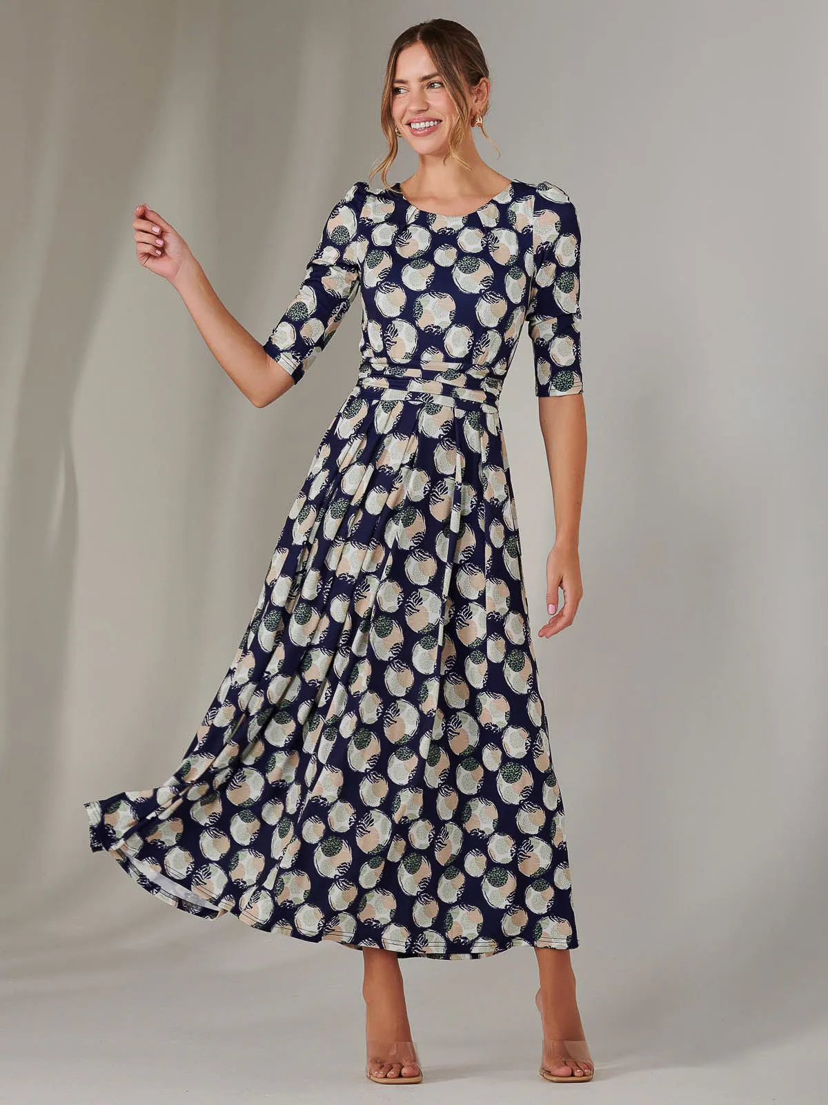 Enya 3/4 Sleeve Jersey Midaxi Dress, Navy Pattern