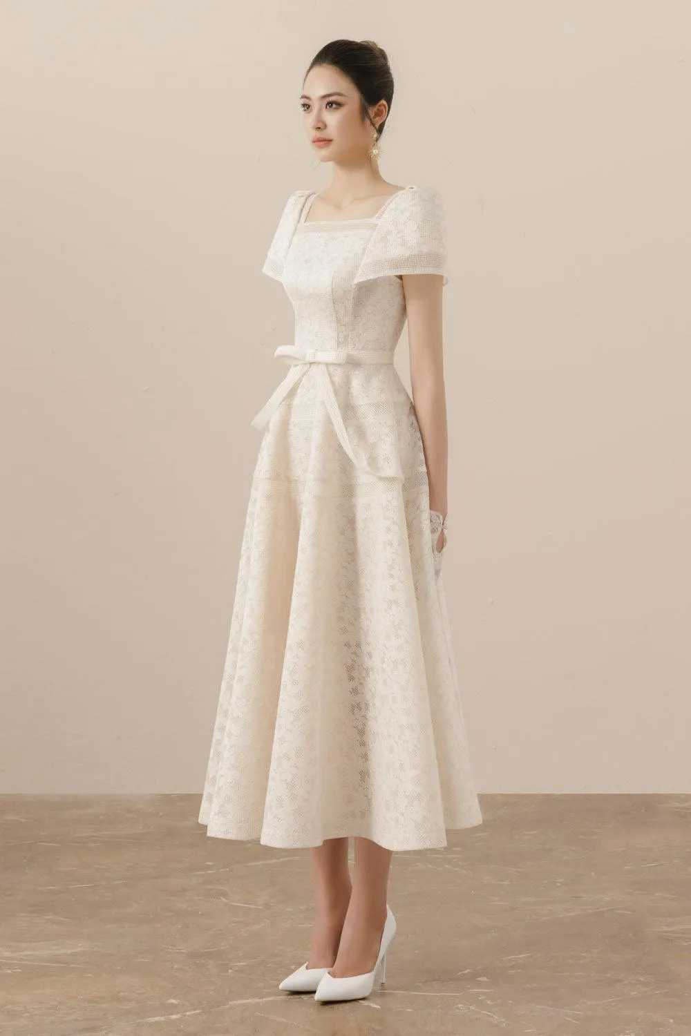 Esme A-line Square Neck Mesh Lace Midi Dress