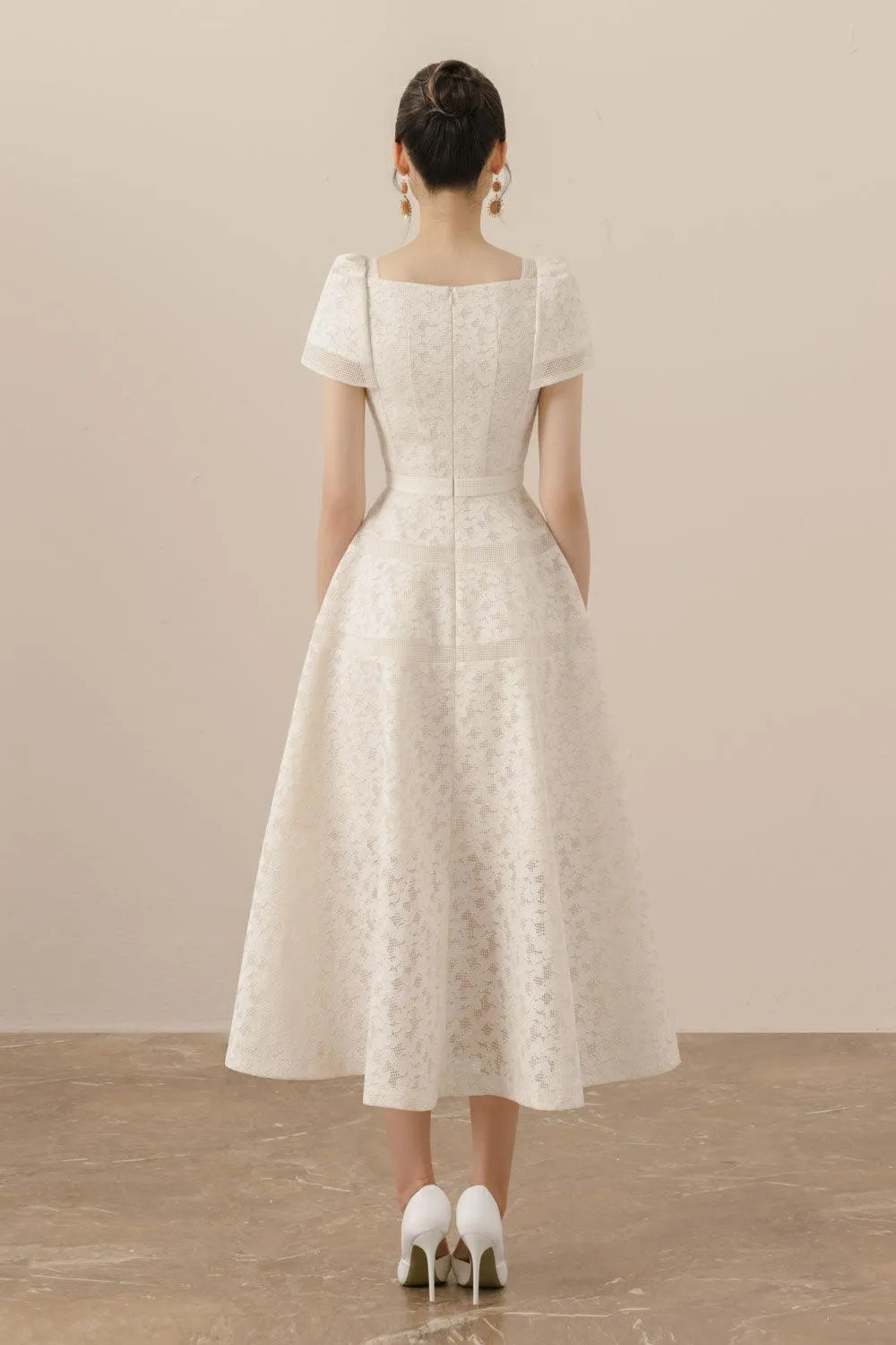 Esme A-line Square Neck Mesh Lace Midi Dress