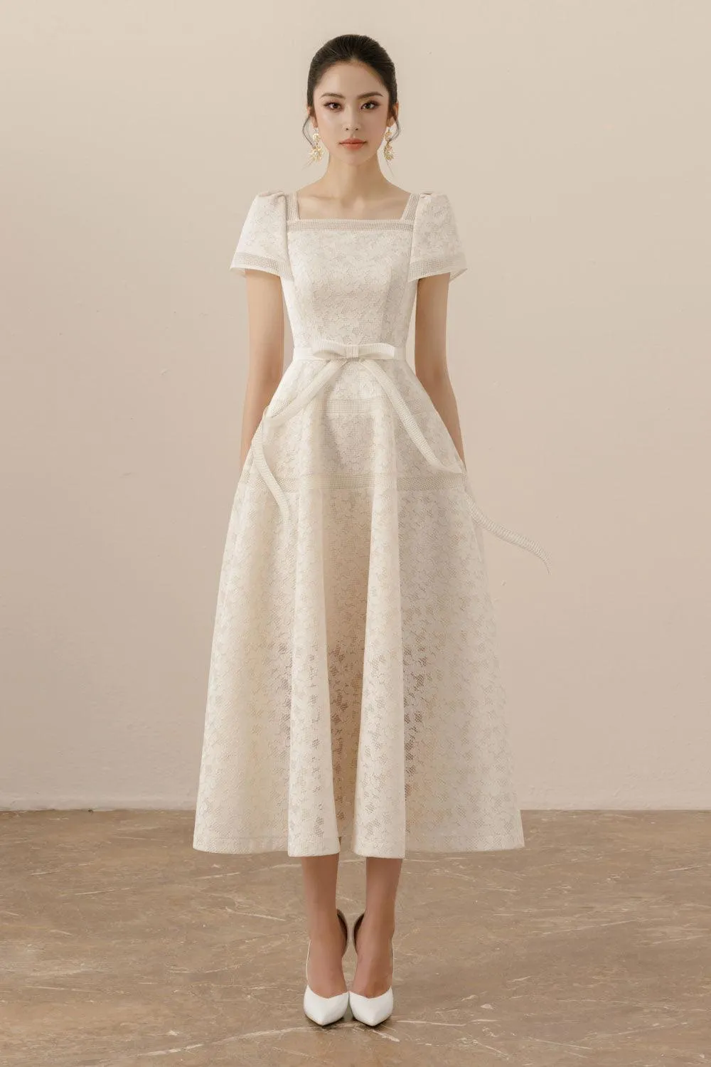 Esme A-line Square Neck Mesh Lace Midi Dress