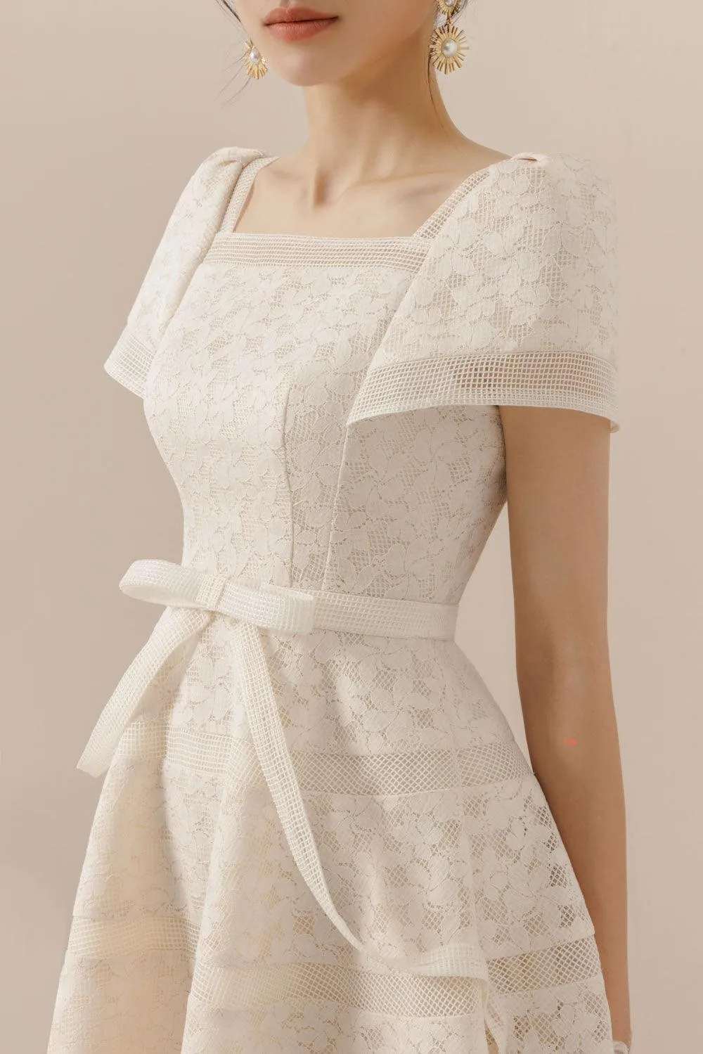 Esme A-line Square Neck Mesh Lace Midi Dress