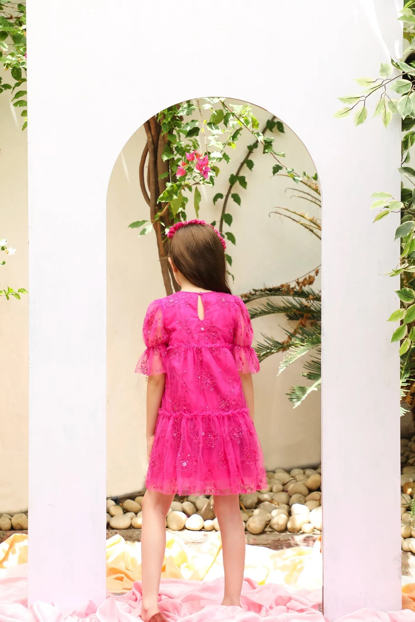 Fabiana Flower Embroidery With Sequins Girls Dress - Hot Pink
