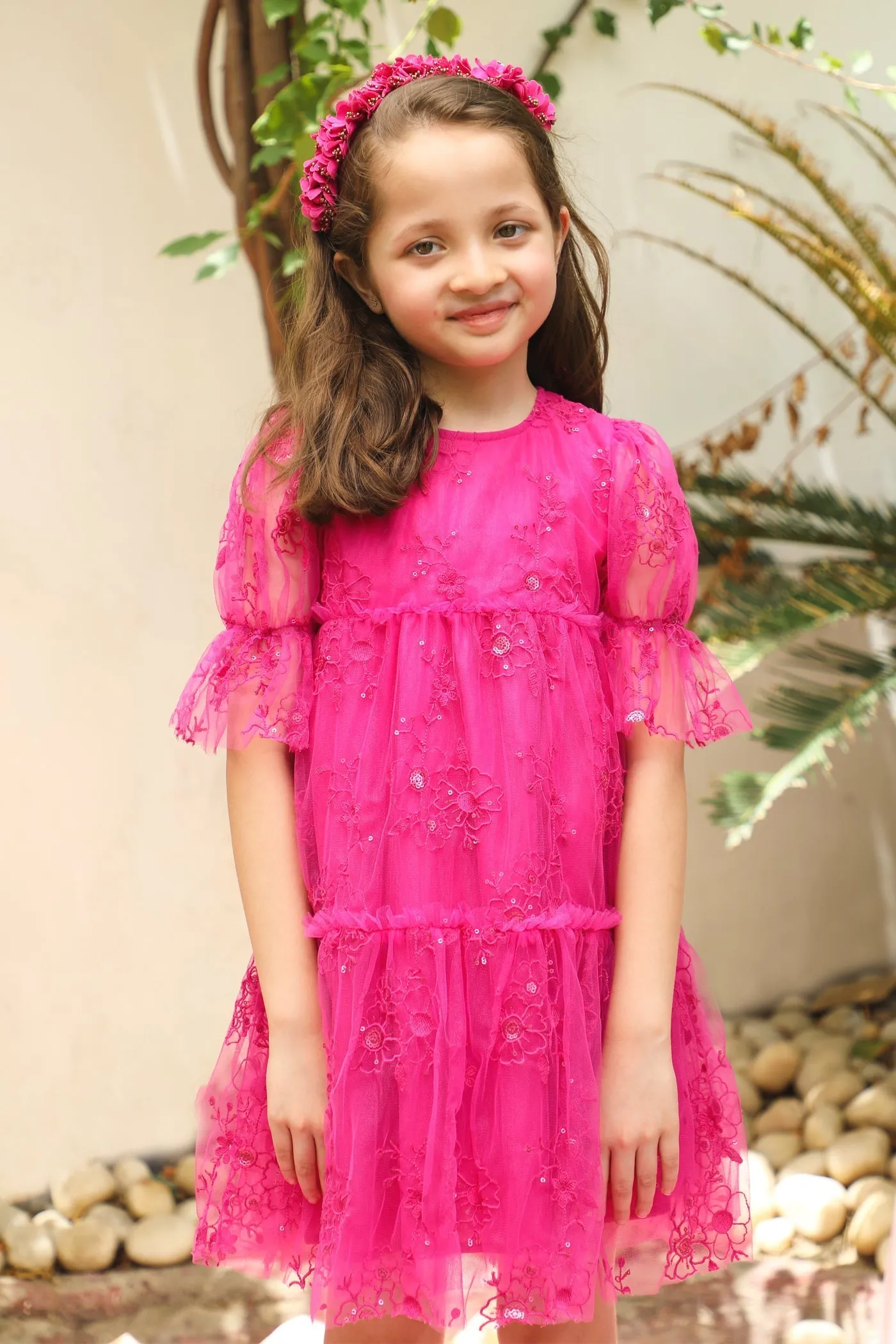 Fabiana Flower Embroidery With Sequins Girls Dress - Hot Pink