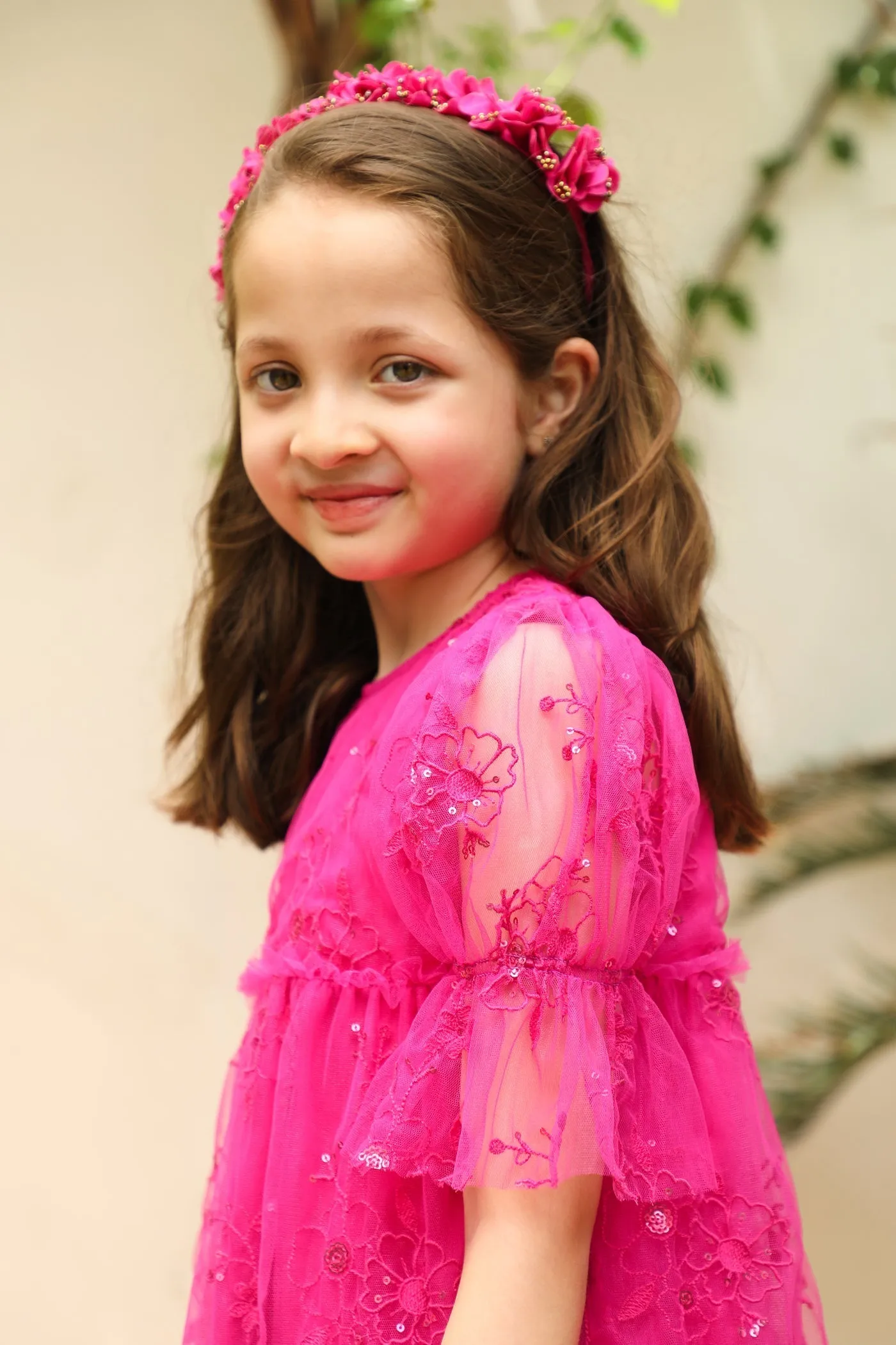 Fabiana Flower Embroidery With Sequins Girls Dress - Hot Pink