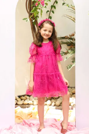Fabiana Flower Embroidery With Sequins Girls Dress - Hot Pink
