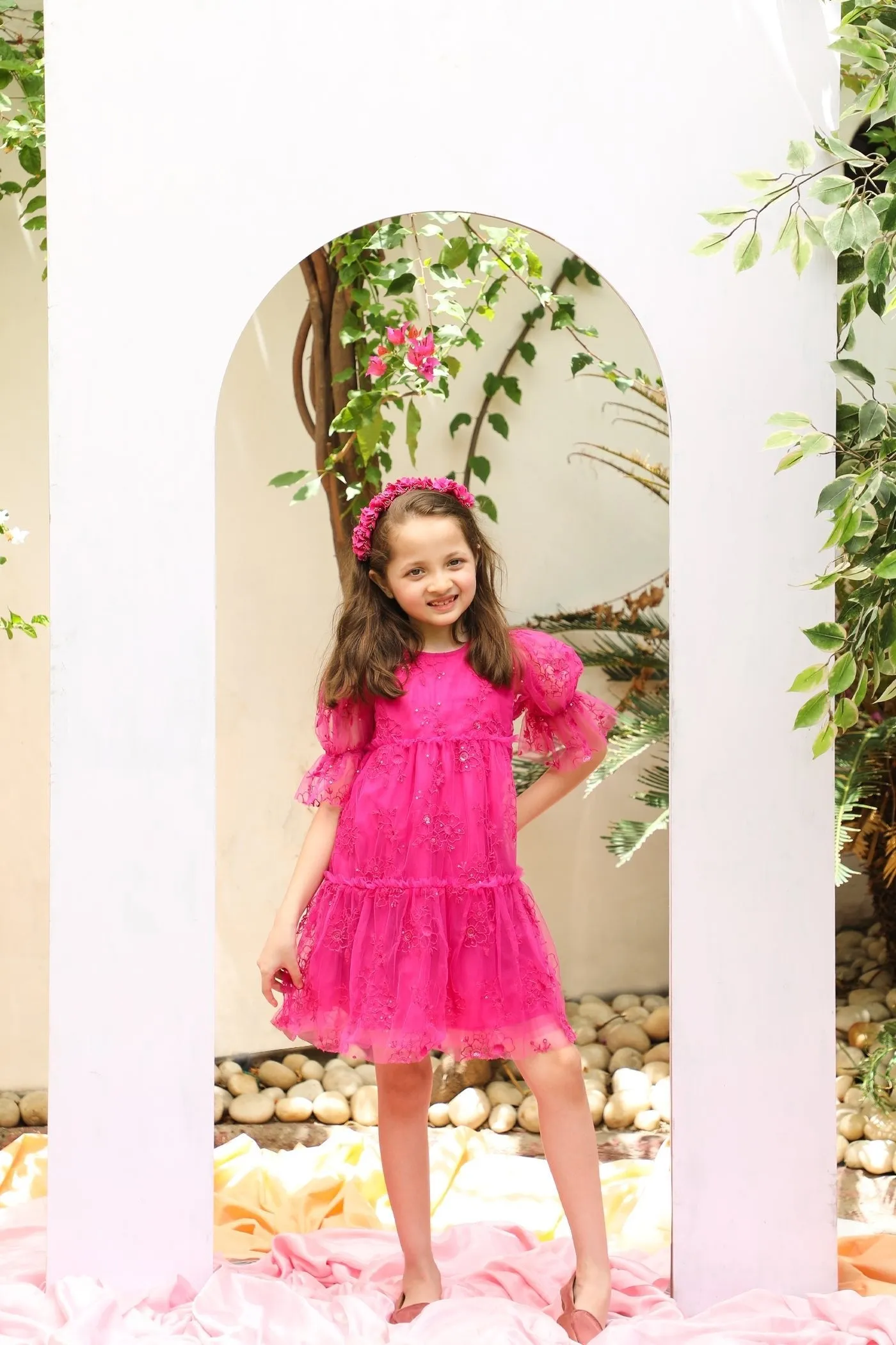 Fabiana Flower Embroidery With Sequins Girls Dress - Hot Pink