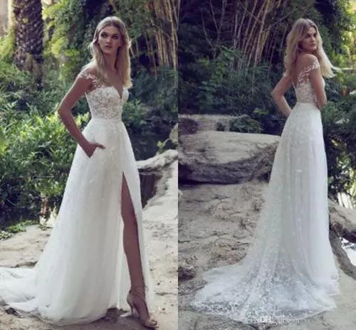 Fabulous Boho Lace Off Shoulder Cap Sleeves Beach Wedding Dress with Slit, SW161