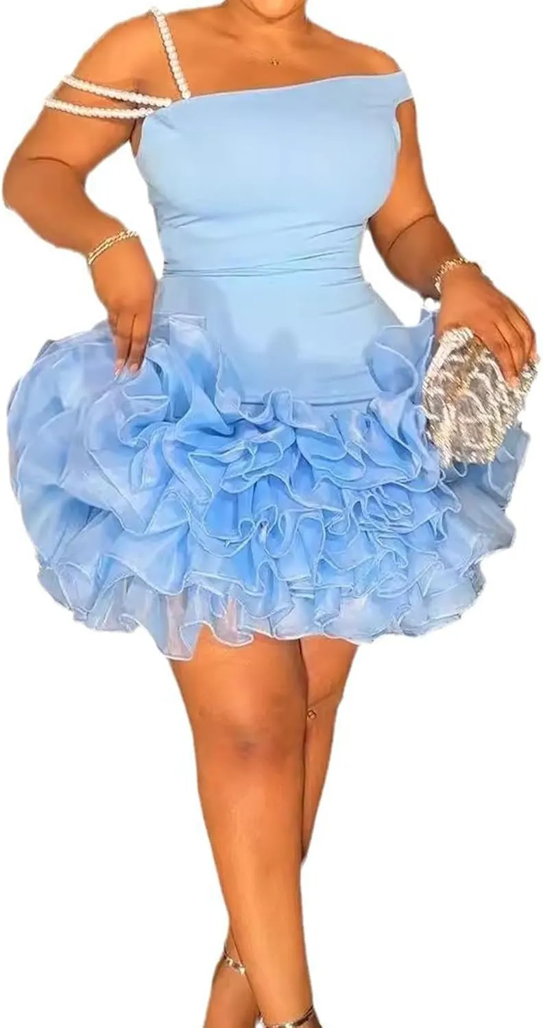 Famnbro Womens Bubble Dress Sleeveless Pearl Shoulder Strap Ruffle Hem Bodycon Mini Club Party Dresses