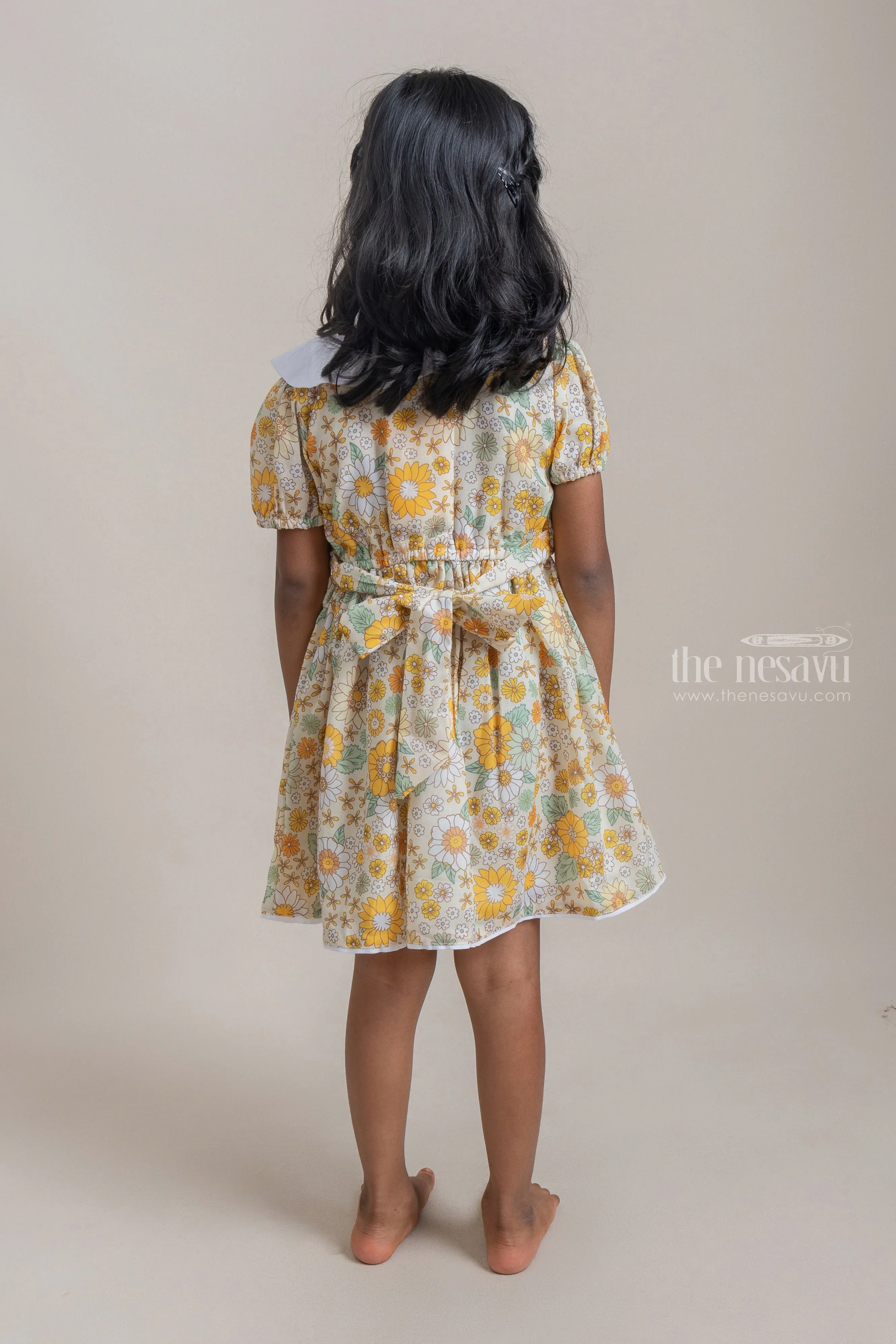 Fancy Yellow Floral Printed Button Closure Daily Wear Cotton Frock For Girls