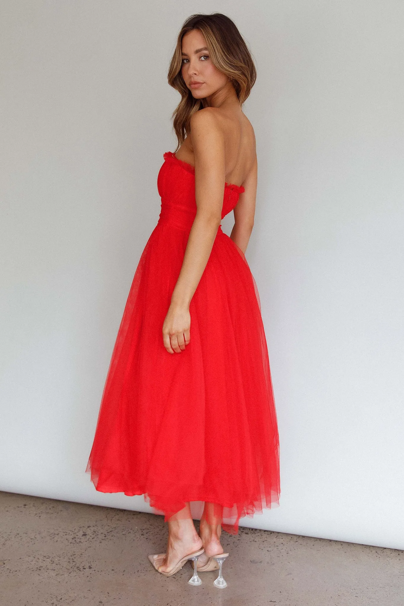 Fayette Strapless Mesh Midi Dress Red