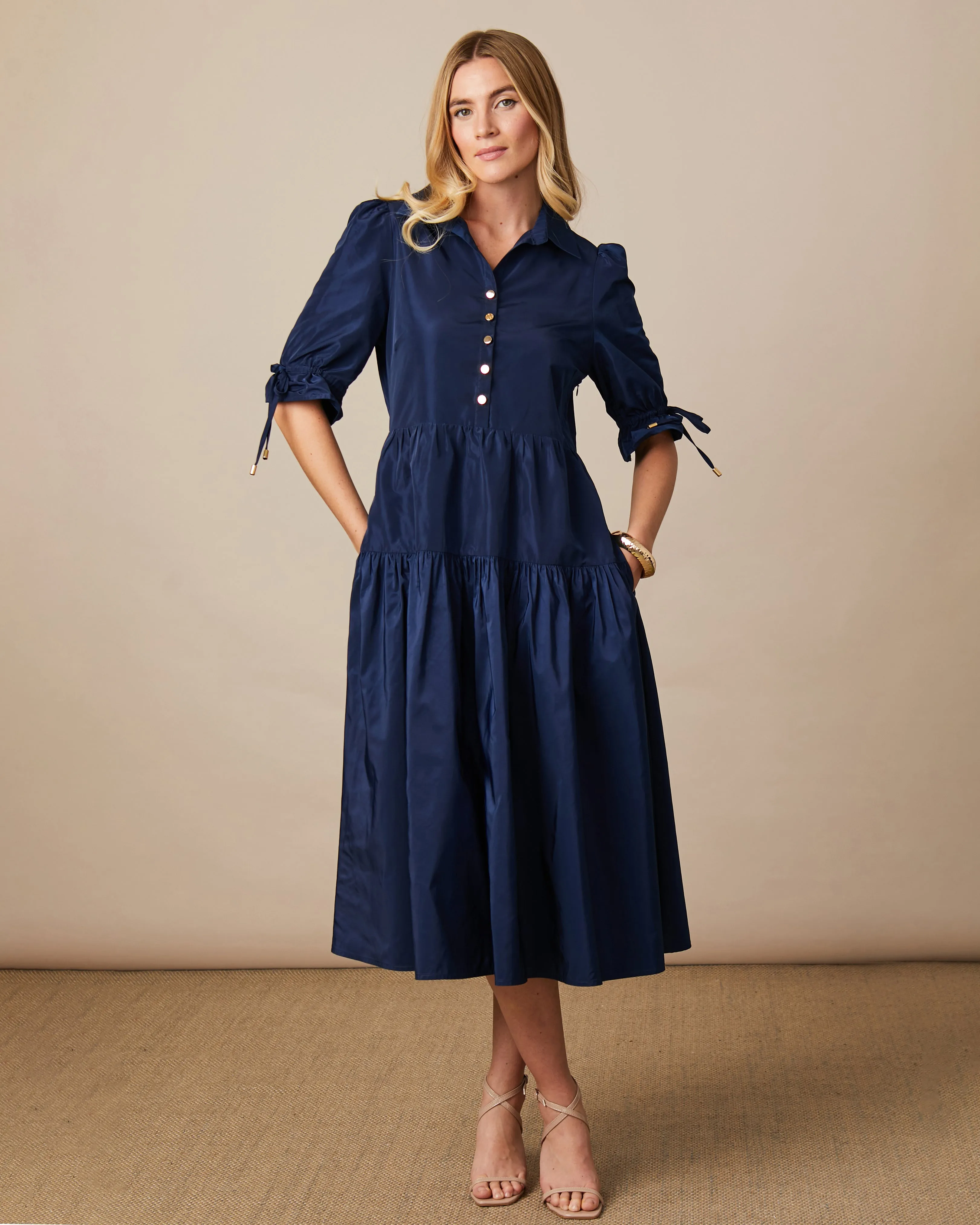 Fee G Agatha Navy Taffeta Layered Shirt Dress