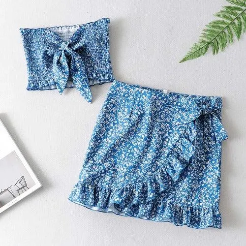 Floral Print Bow Sheath Crop Top Ruffles Mini Skirt Set