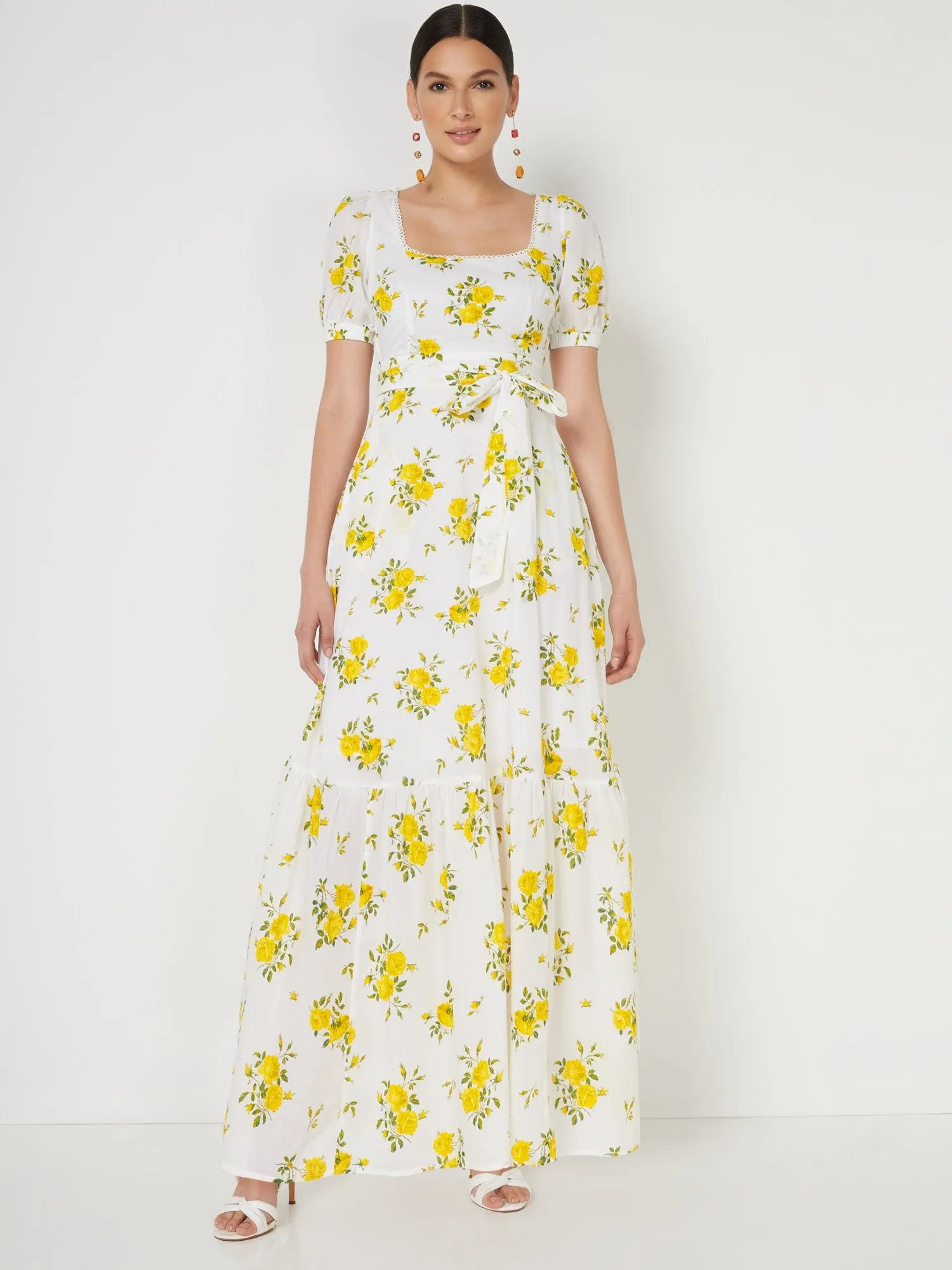 Floral-Print Square-Neck Puff-Sleeve Maxi Dress