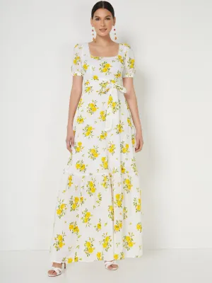 Floral-Print Square-Neck Puff-Sleeve Maxi Dress