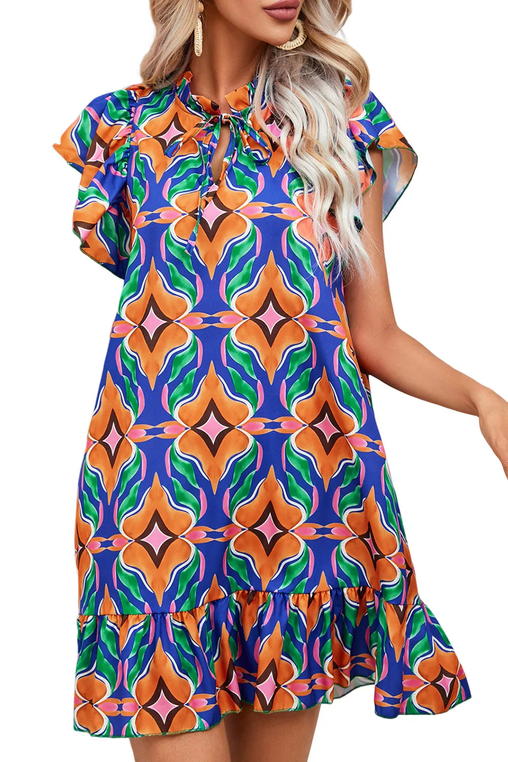 Floral Print Tied Neck Ruffle Sleeve Mini Dress
