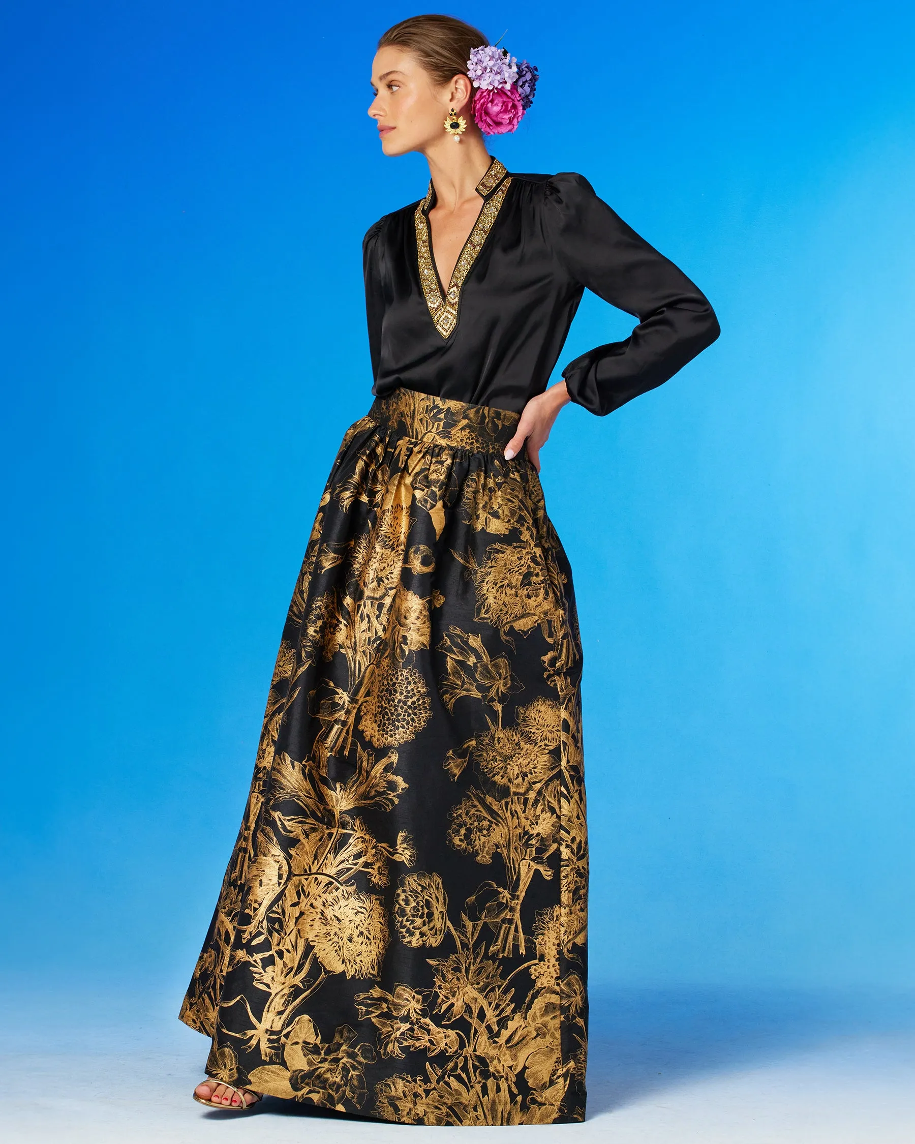 Florence Long Full Skirt in Black and Gold Floral Toile