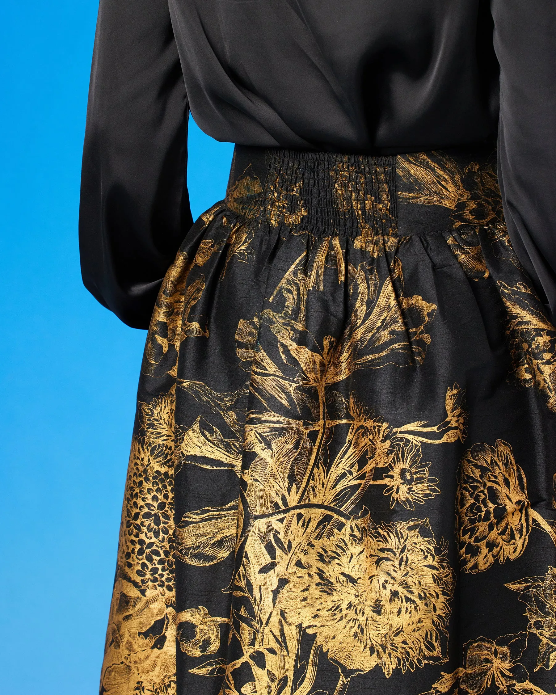 Florence Long Full Skirt in Black and Gold Floral Toile