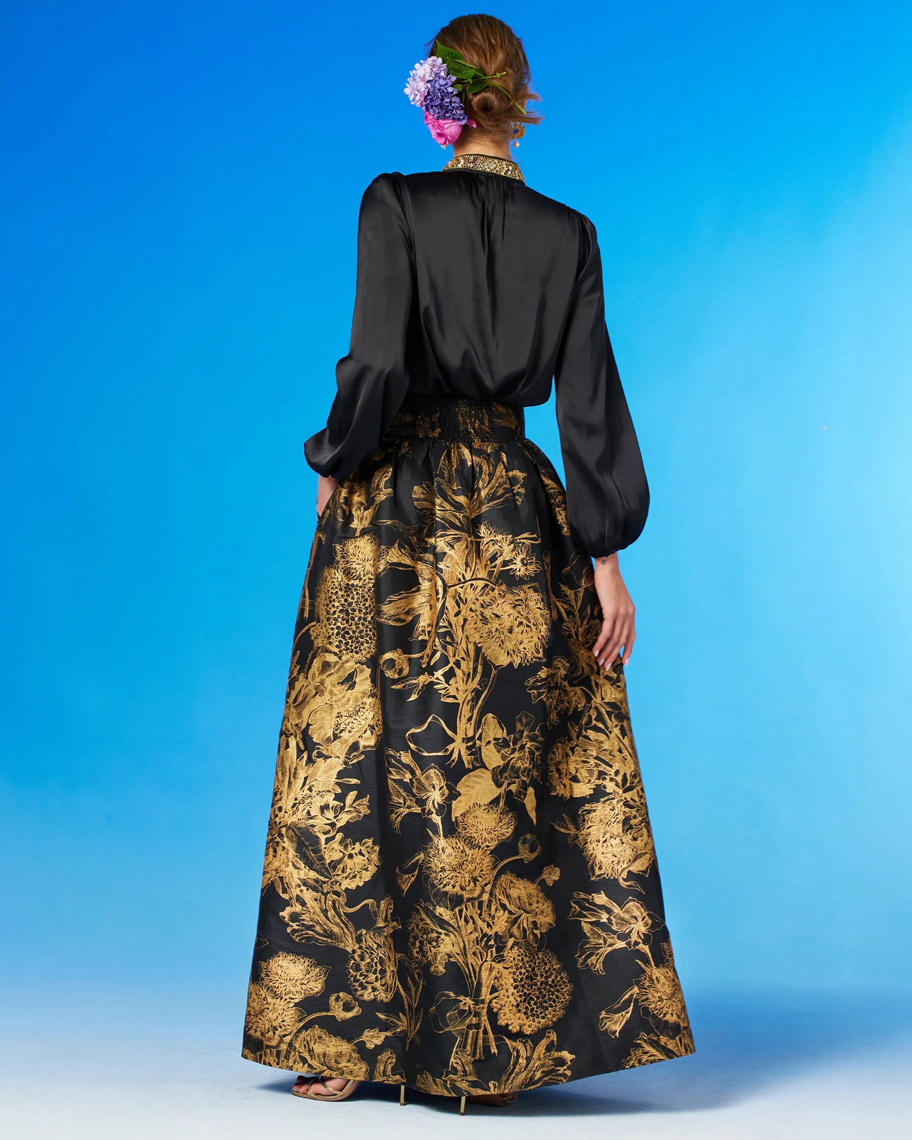 Florence Long Full Skirt in Black and Gold Floral Toile