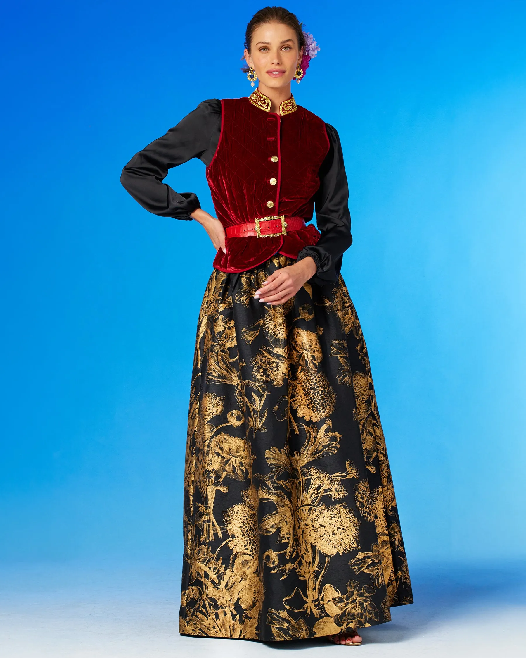 Florence Long Full Skirt in Black and Gold Floral Toile