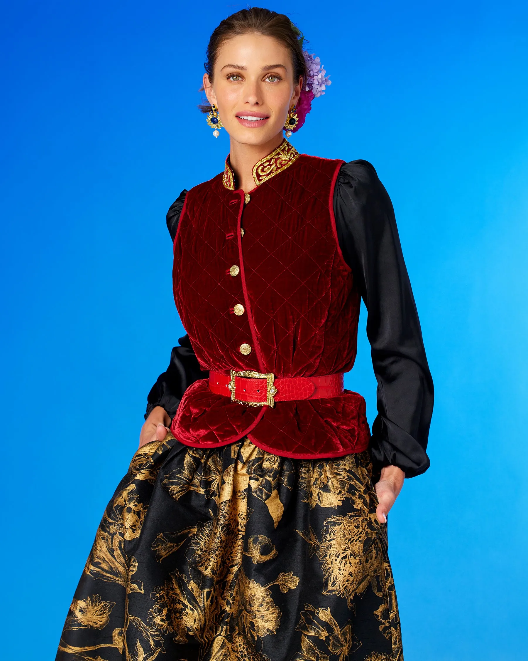 Florence Long Full Skirt in Black and Gold Floral Toile