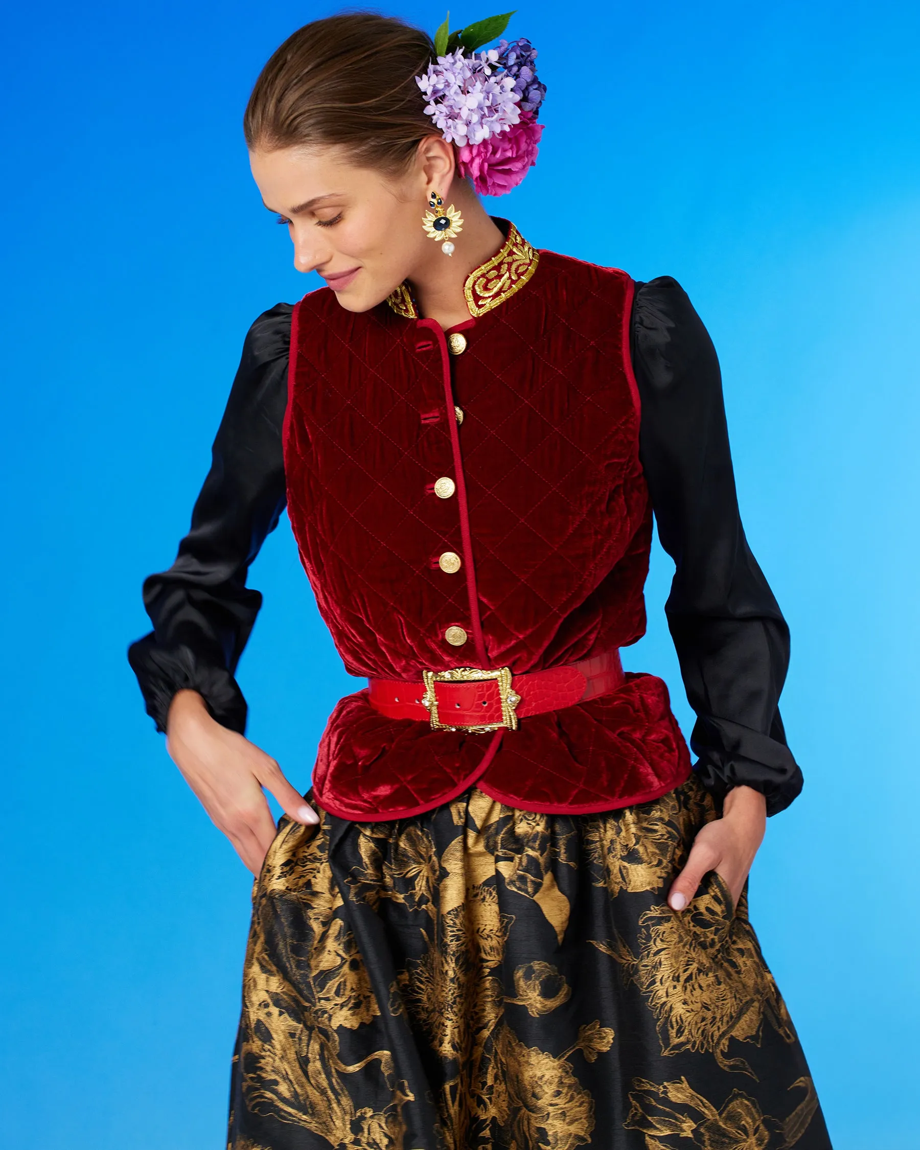 Florence Long Full Skirt in Black and Gold Floral Toile