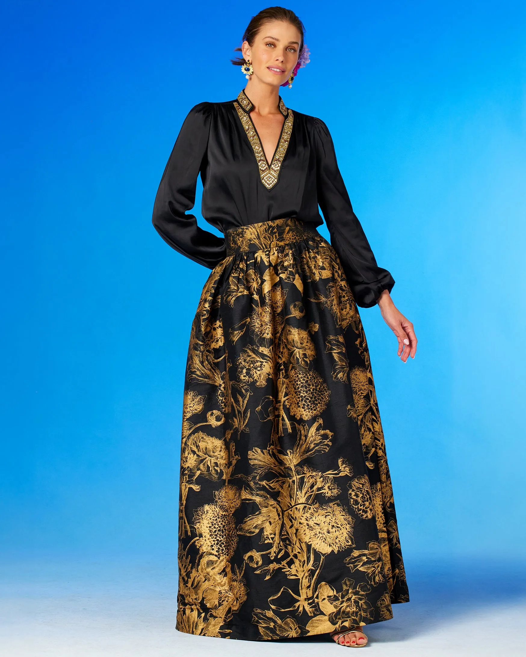 Florence Long Full Skirt in Black and Gold Floral Toile