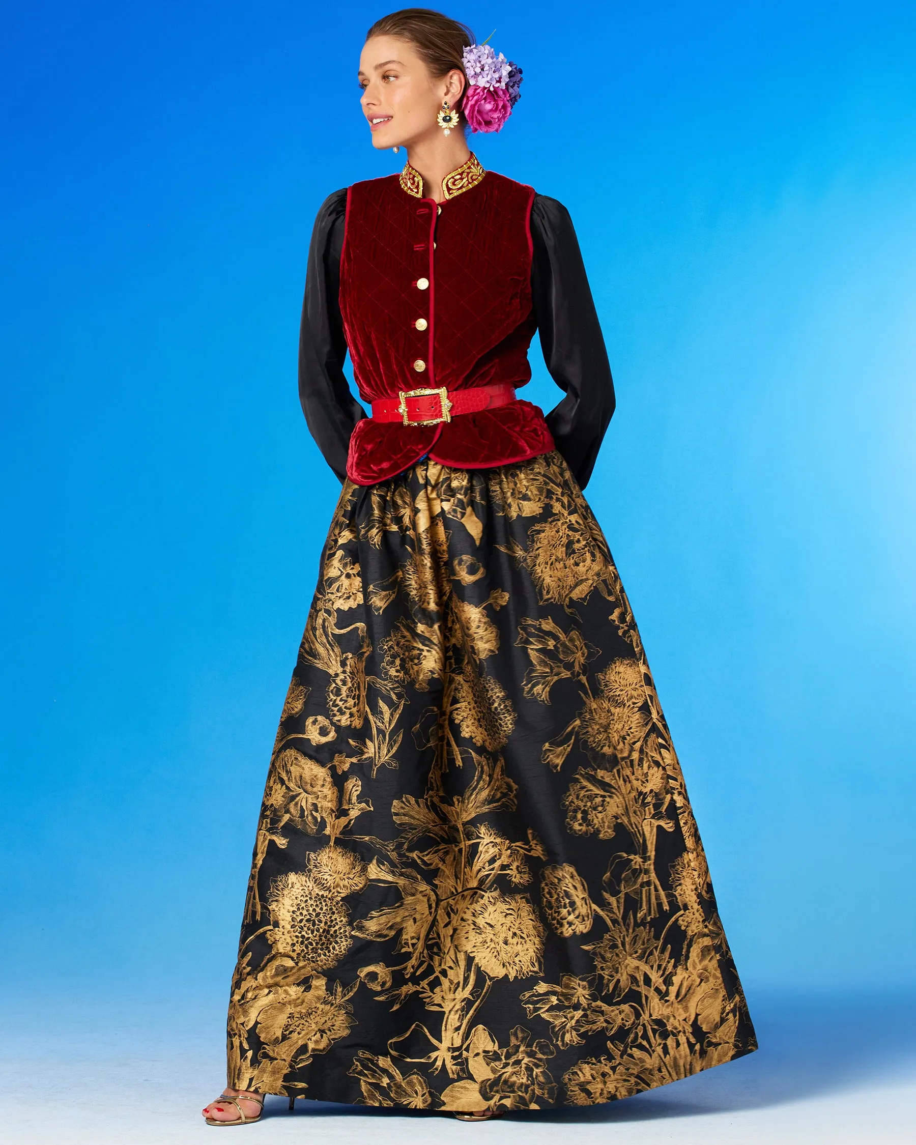 Florence Long Full Skirt in Black and Gold Floral Toile