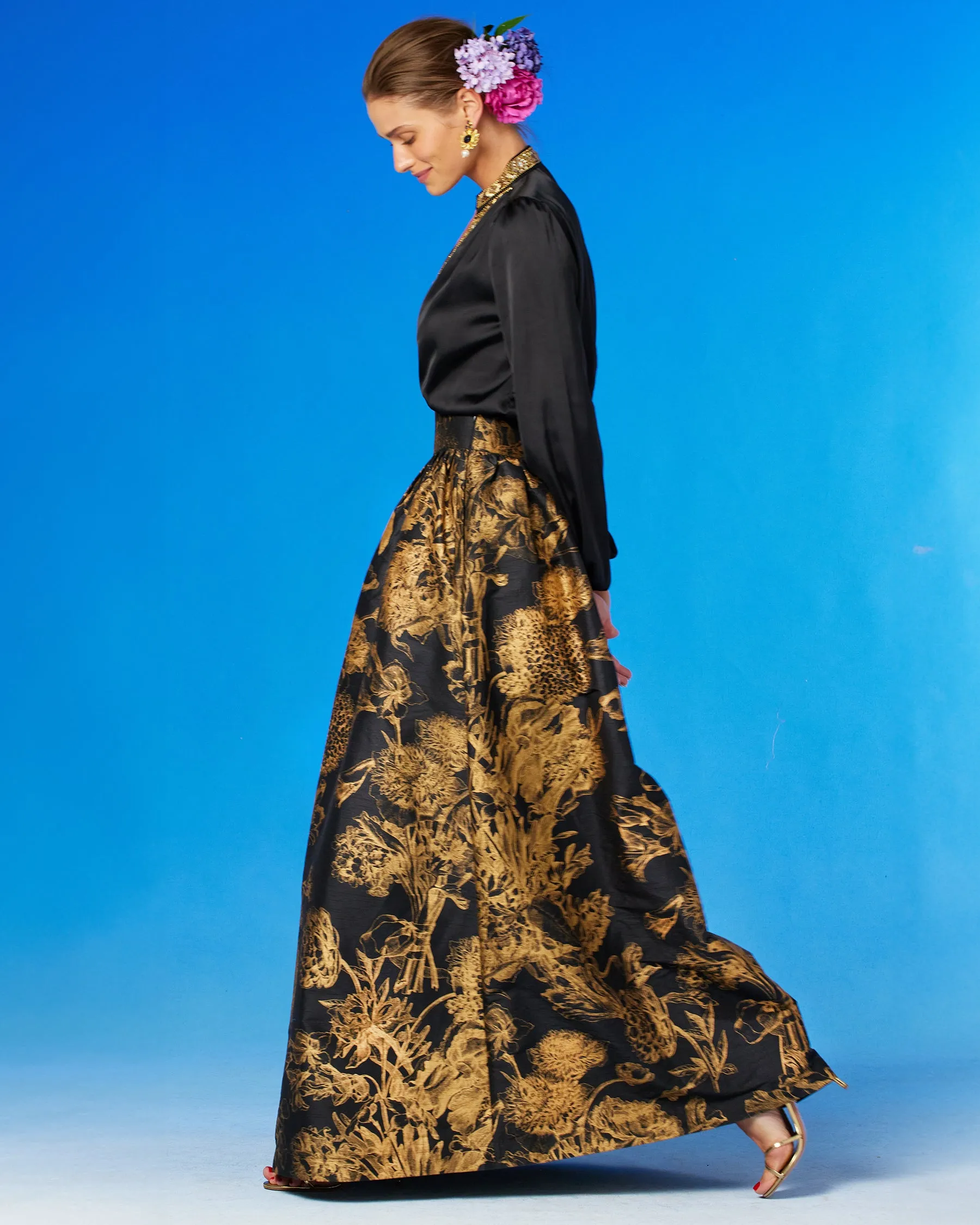 Florence Long Full Skirt in Black and Gold Floral Toile