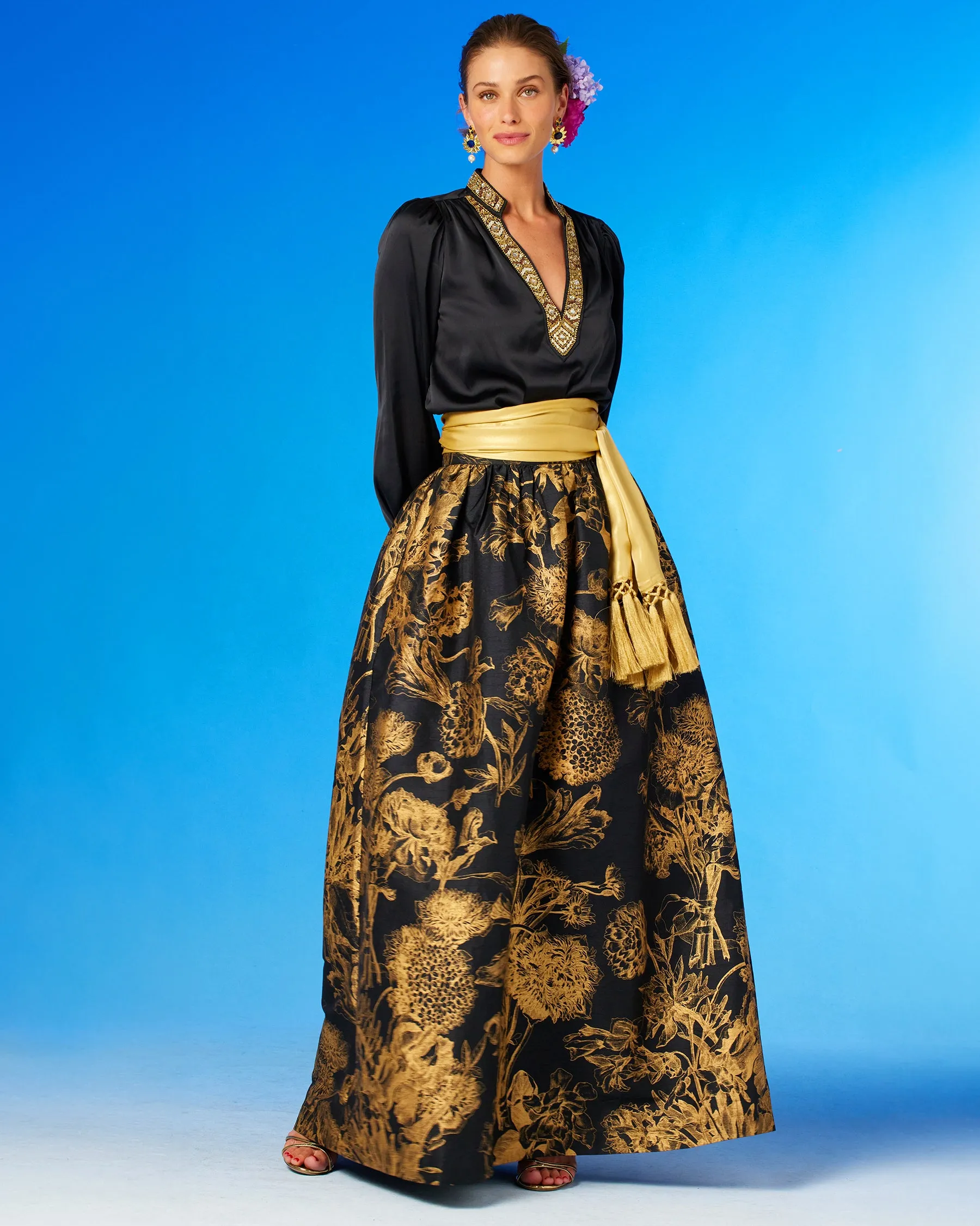 Florence Long Full Skirt in Black and Gold Floral Toile