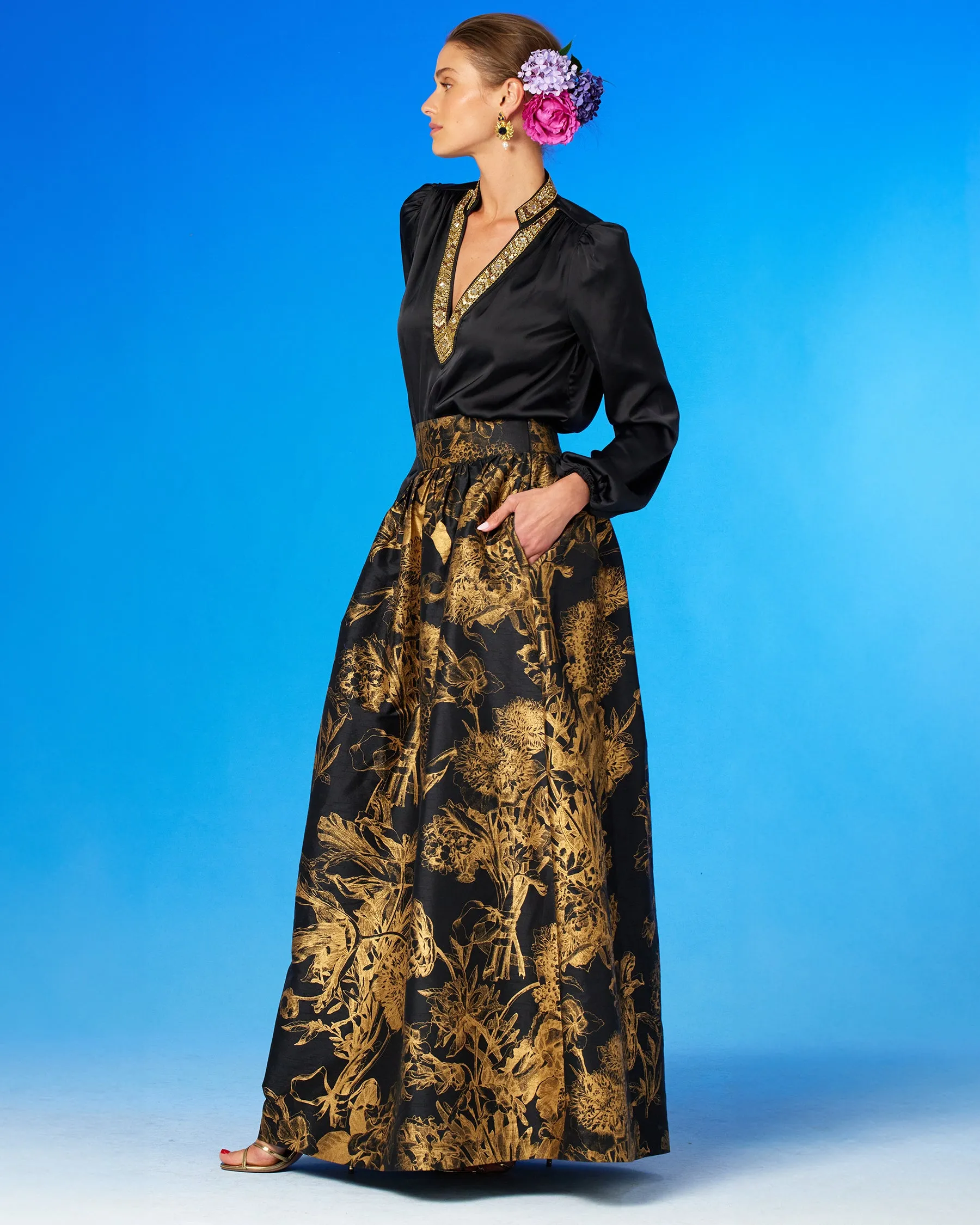 Florence Long Full Skirt in Black and Gold Floral Toile