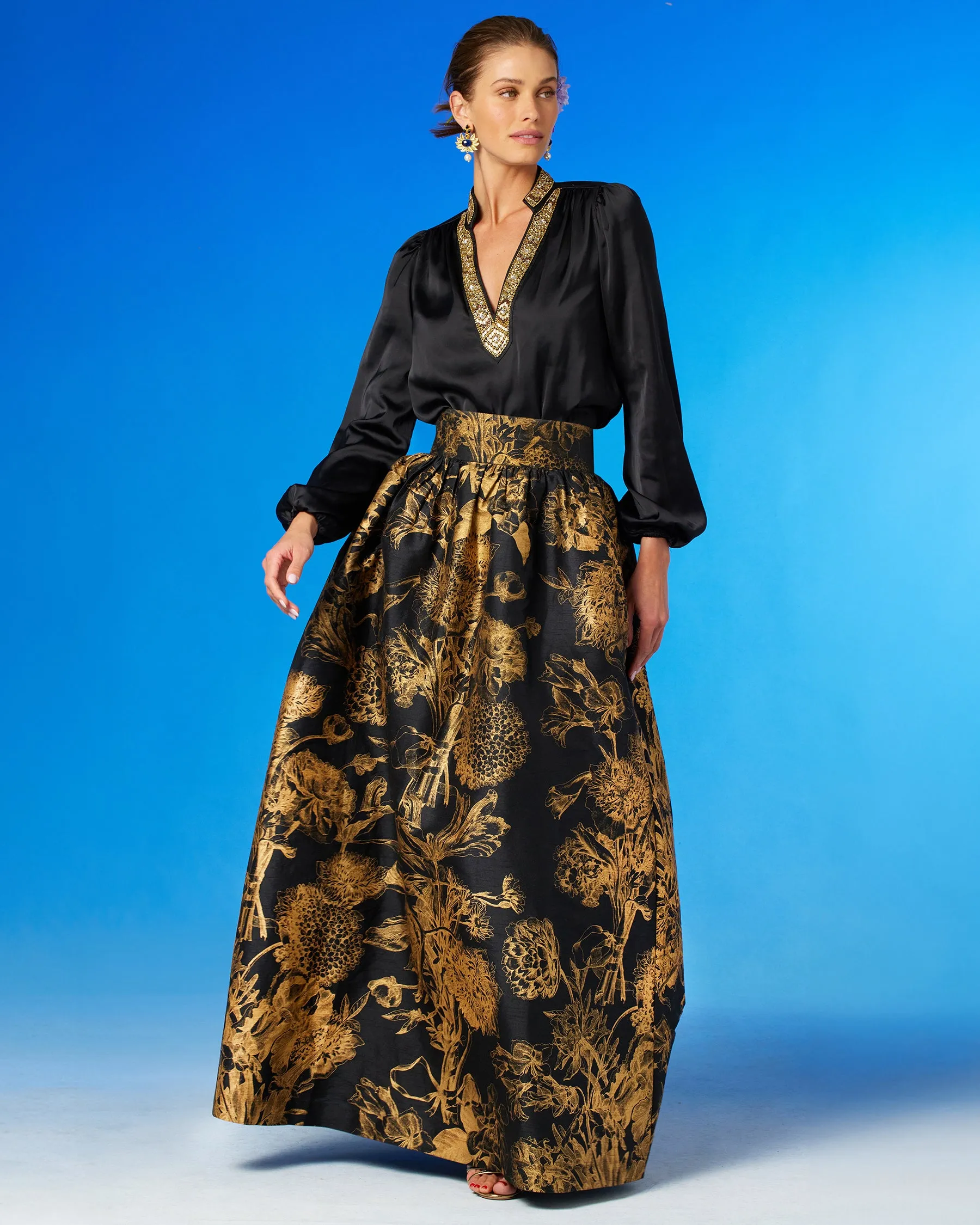 Florence Long Full Skirt in Black and Gold Floral Toile